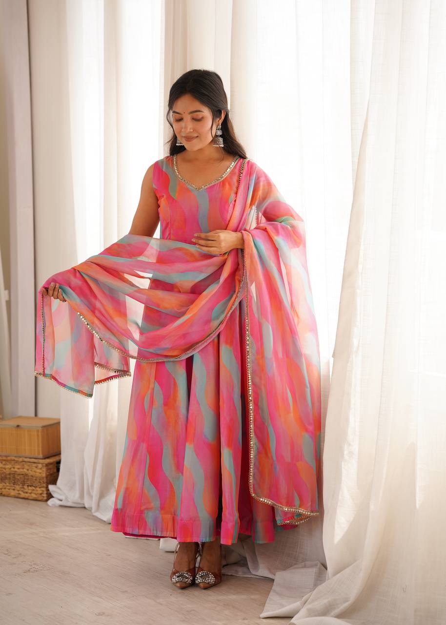 Tebi Organza Mirror Lace Gown with Pant and Dupatta