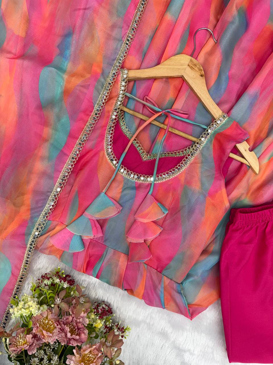 Tebi Organza Mirror Lace Gown with Pant and Dupatta