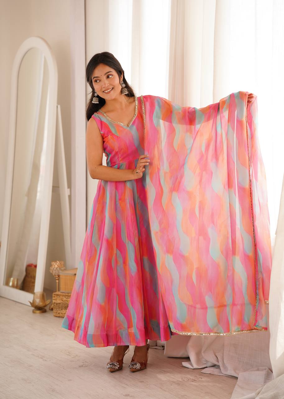Tebi Organza Mirror Lace Gown with Pant and Dupatta