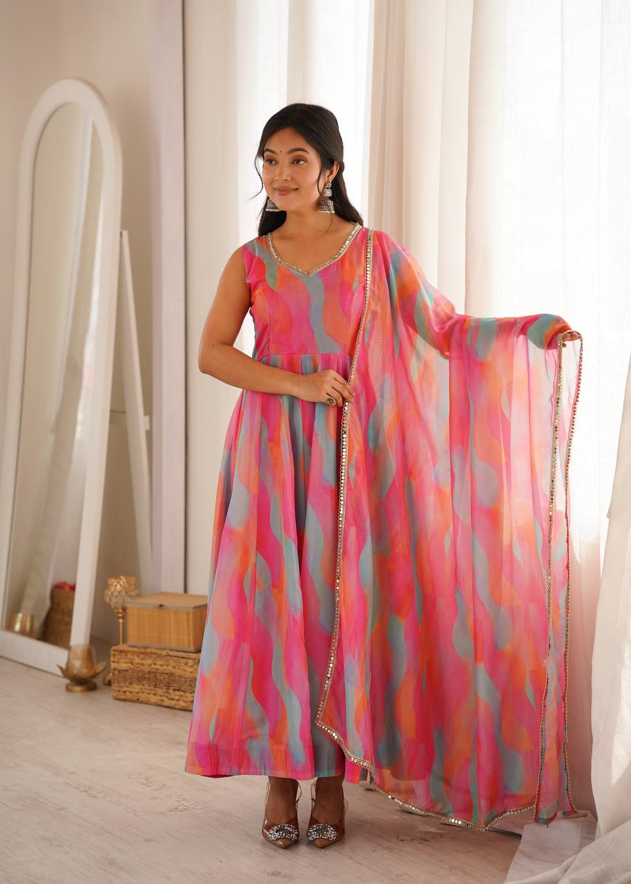 Tebi Organza Mirror Lace Gown with Pant and Dupatta