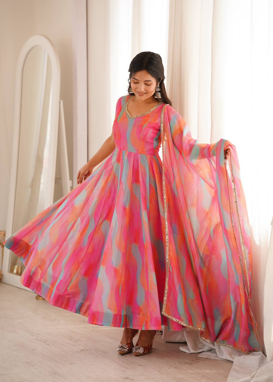 Tebi Organza Mirror Lace Gown with Pant and Dupatta