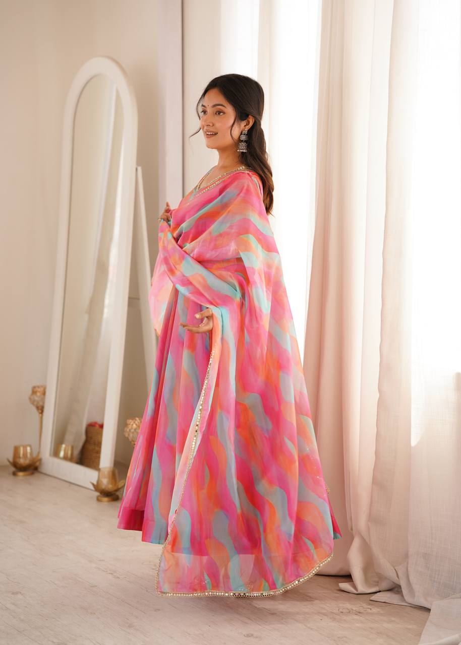 Tebi Organza Mirror Lace Gown with Pant and Dupatta