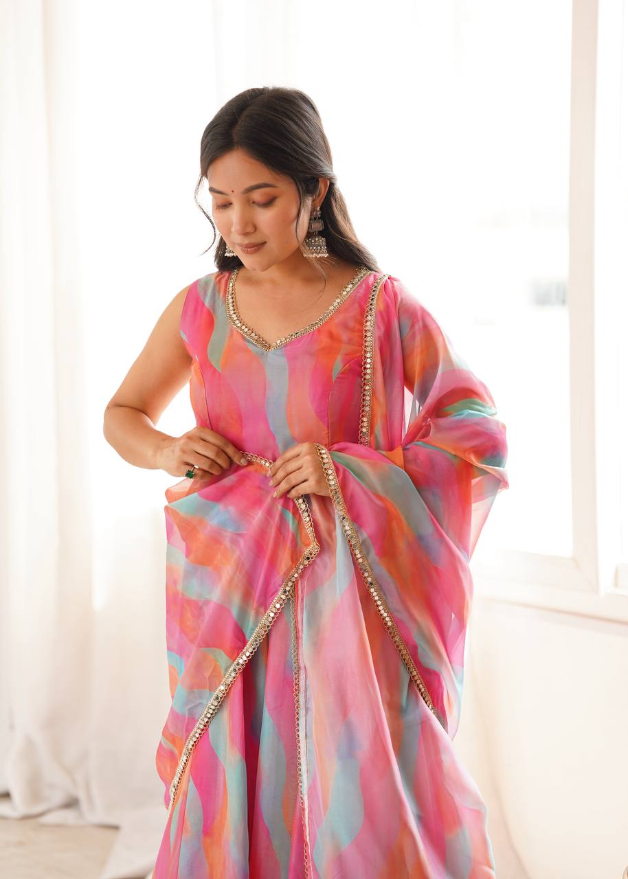 Tebi Organza Mirror Lace Gown with Pant and Dupatta