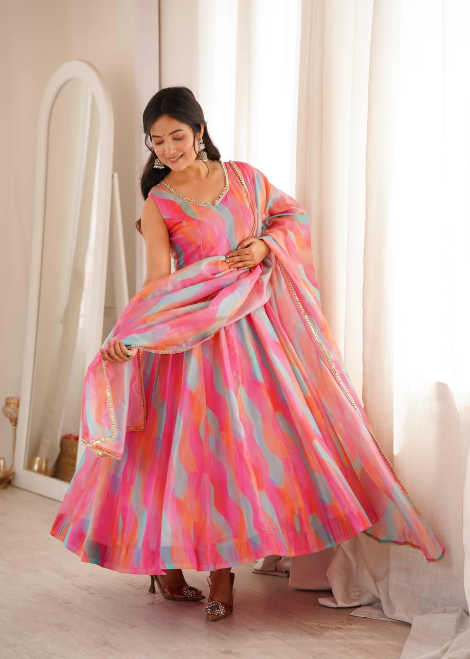 Tebi Organza Mirror Lace Gown with Pant and Dupatta