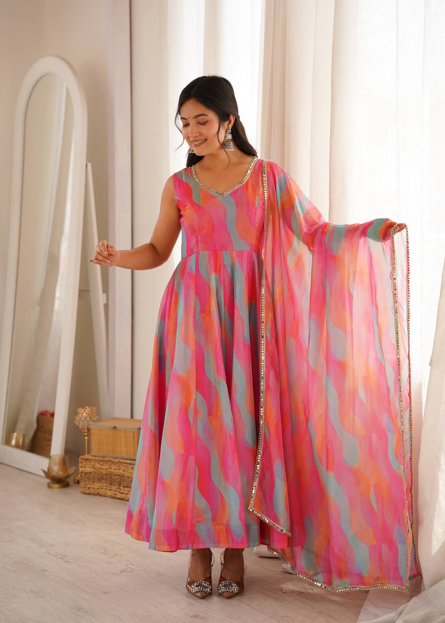 Tebi Organza Mirror Lace Gown with Pant and Dupatta