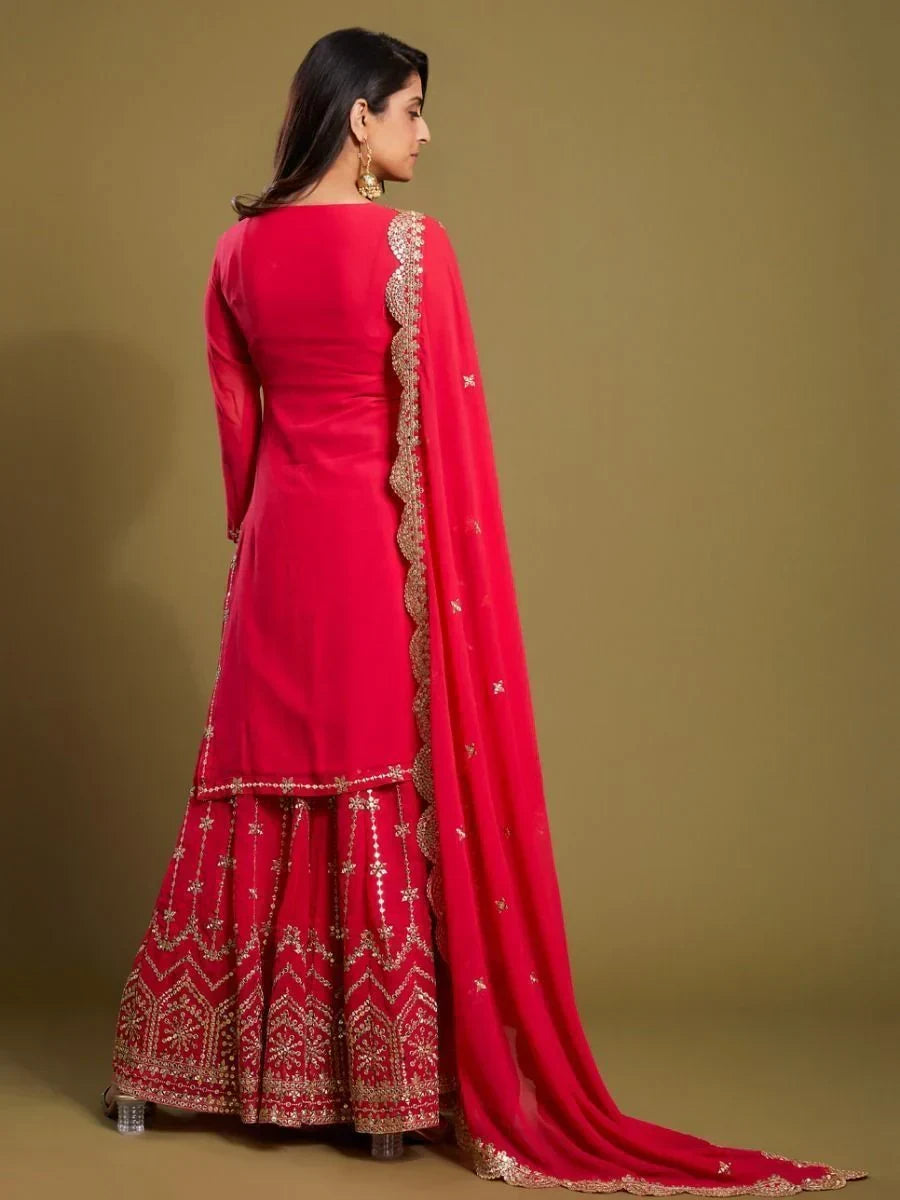 Twirling Pink Sequins Work Georgette Function Wear Palazzo Suits