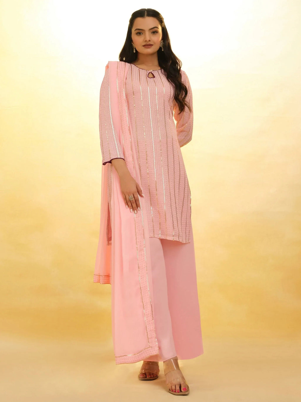 Gorgeous Baby Pink Sequins Georgette Event Wear Palazzo Suit