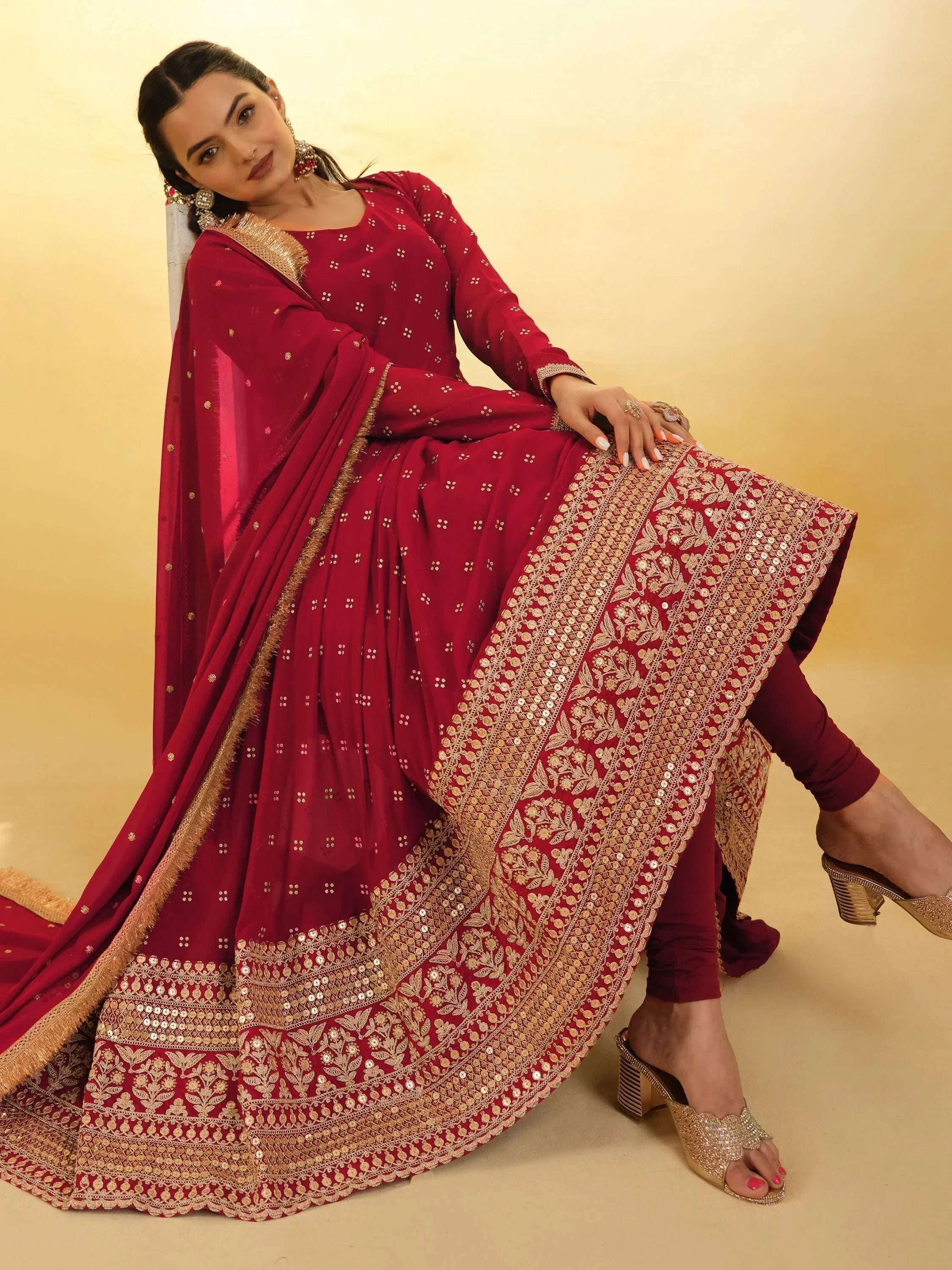 Fascinating Red Embroidered Georgette Wedding Wear Salwar Suit