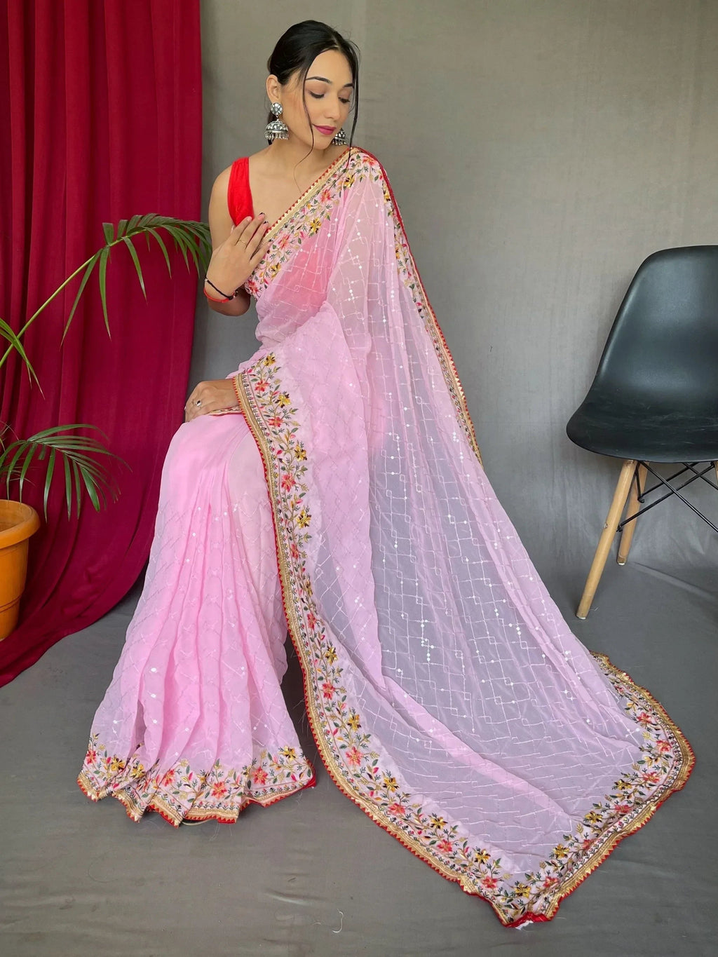 Alluring Pink Sequins Georgette Festival Wear Saree With Blouse