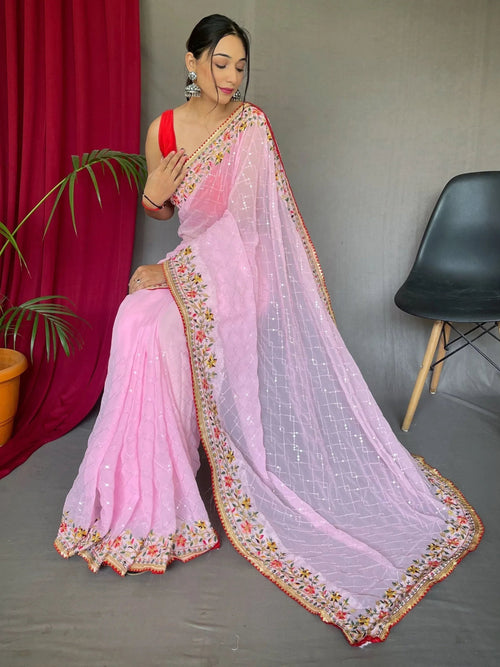 Alluring Pink Sequins Georgette Festival Wear Saree With Blouse
