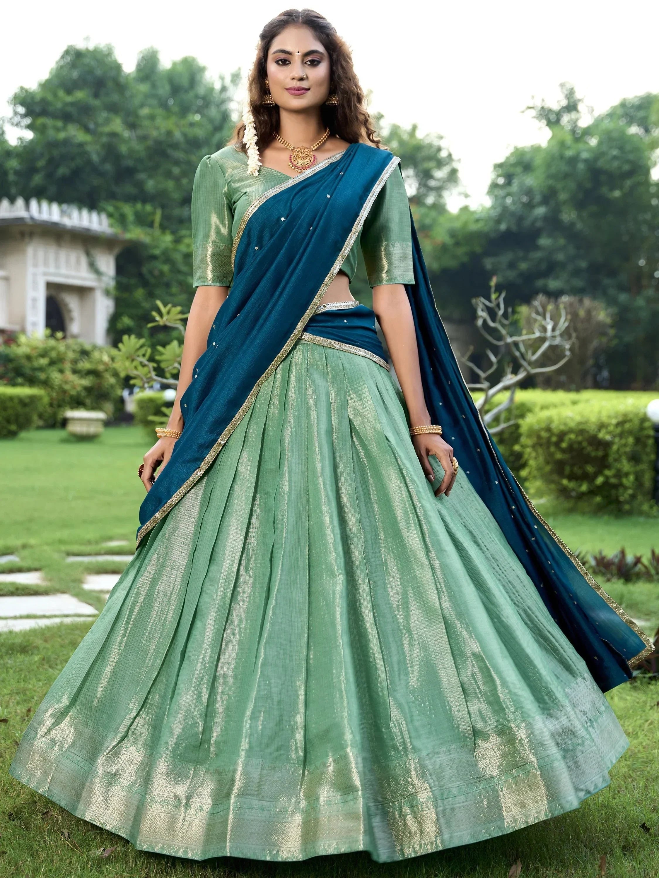Sea Green Unique Sea Zari Weaving Silk Function Lehenga Choli With Dupatta