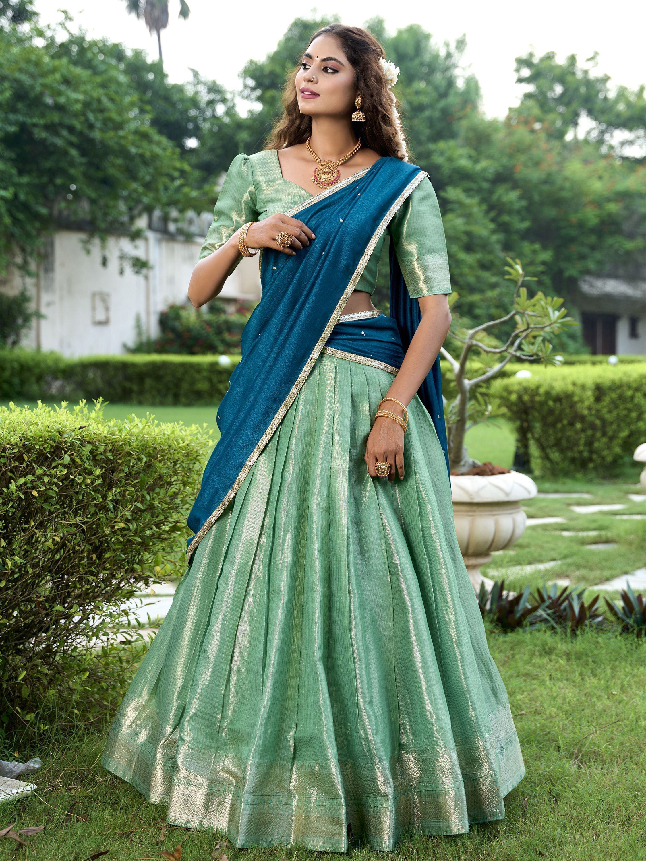 Sea Green Unique Sea Zari Weaving Silk Function Lehenga Choli With Dupatta