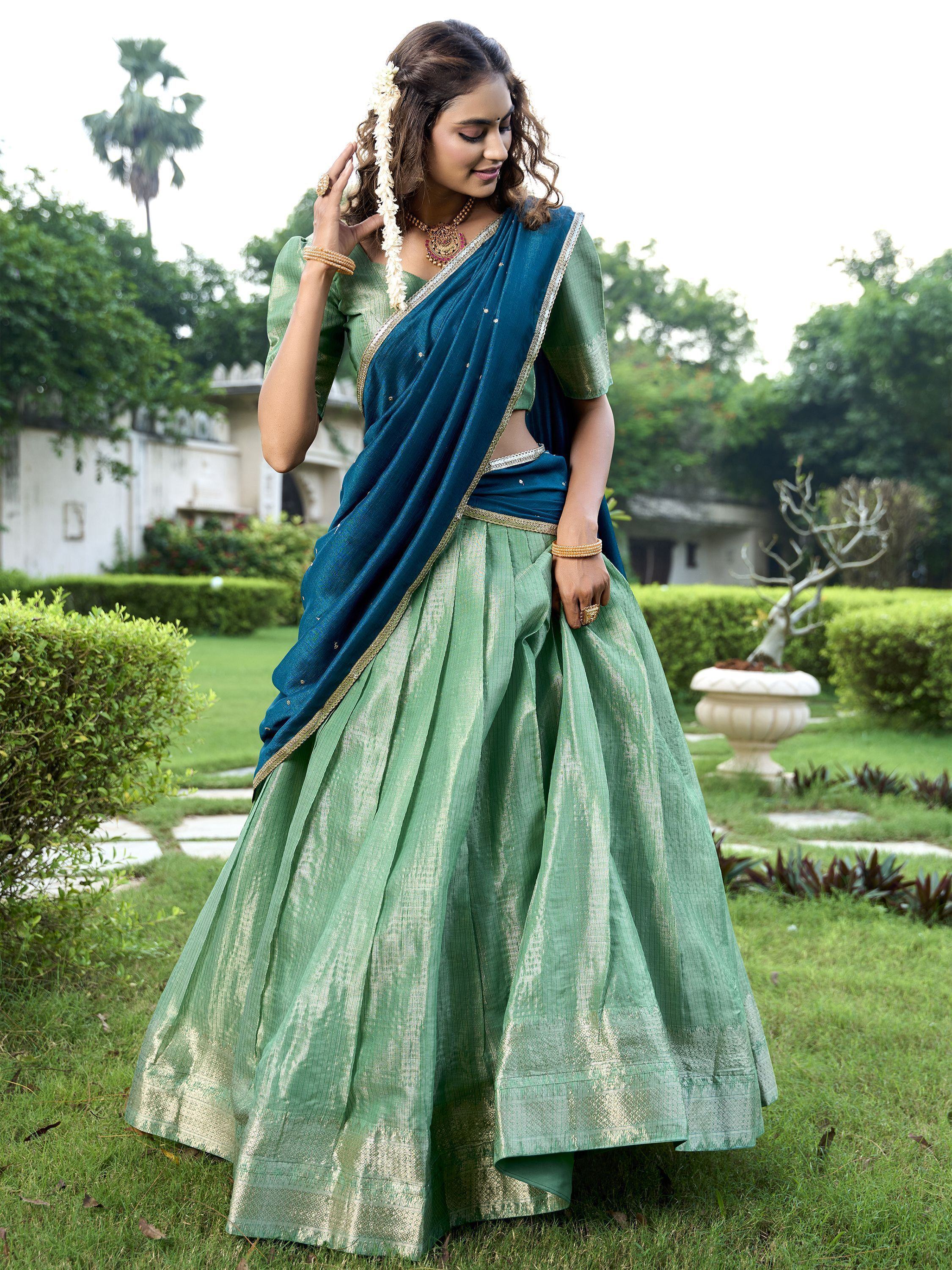 Sea Green Unique Sea Zari Weaving Silk Function Lehenga Choli With Dupatta