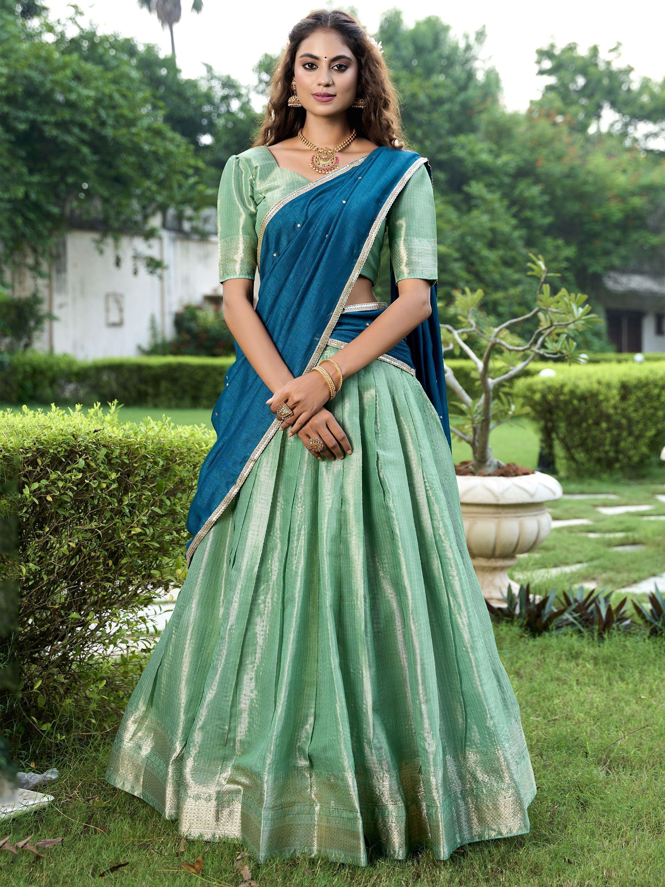 Sea Green Unique Sea Zari Weaving Silk Function Lehenga Choli With Dupatta