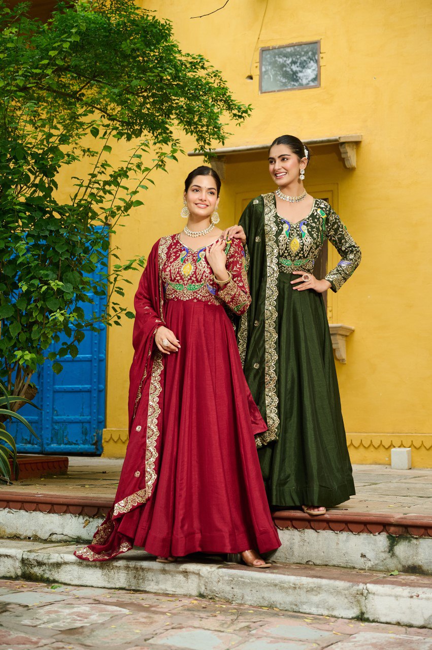 Vichitra Silk Embroidered Gown with Dupatta
