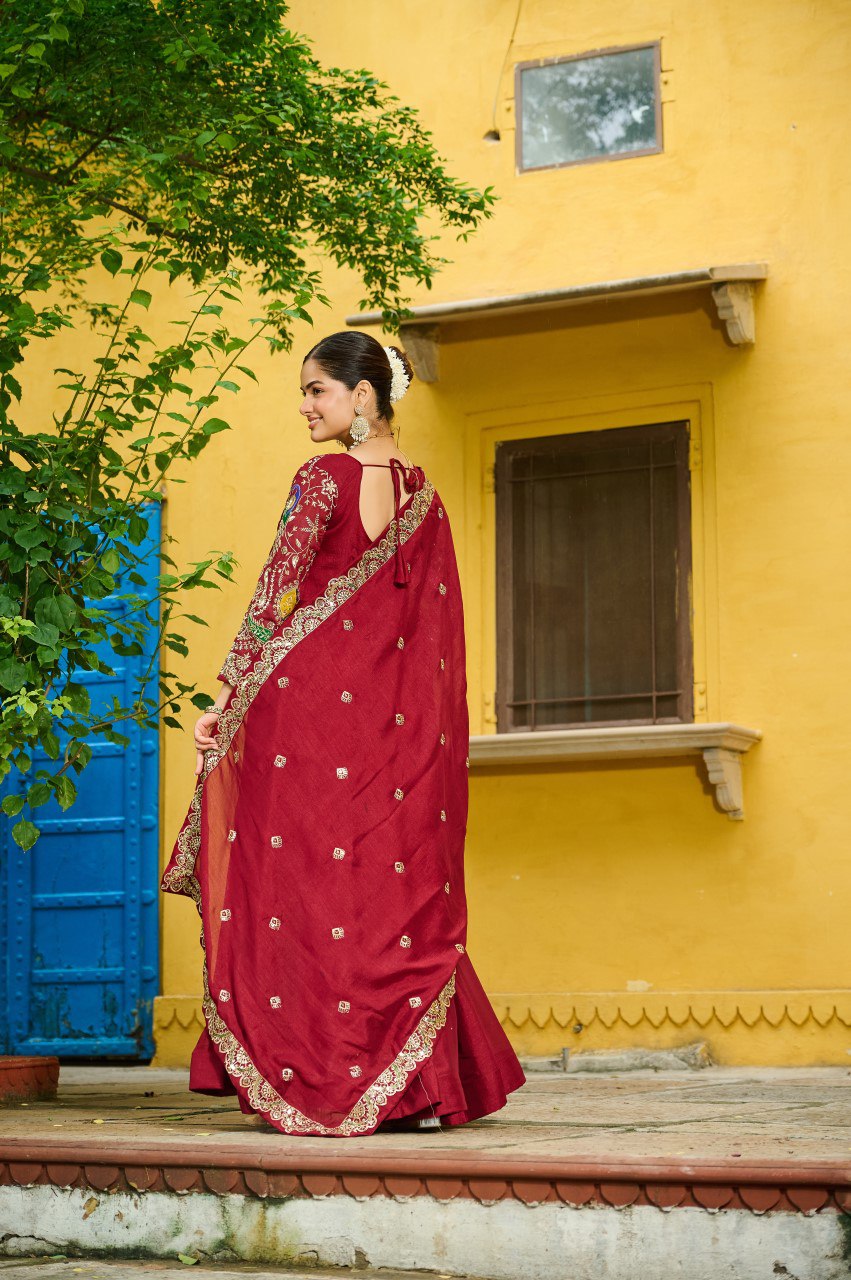 Vichitra Silk Embroidered Gown with Dupatta