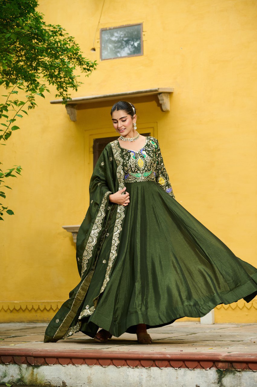 Vichitra Silk Embroidered Gown with Dupatta
