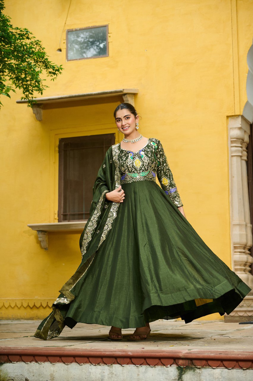 Vichitra Silk Embroidered Gown with Dupatta