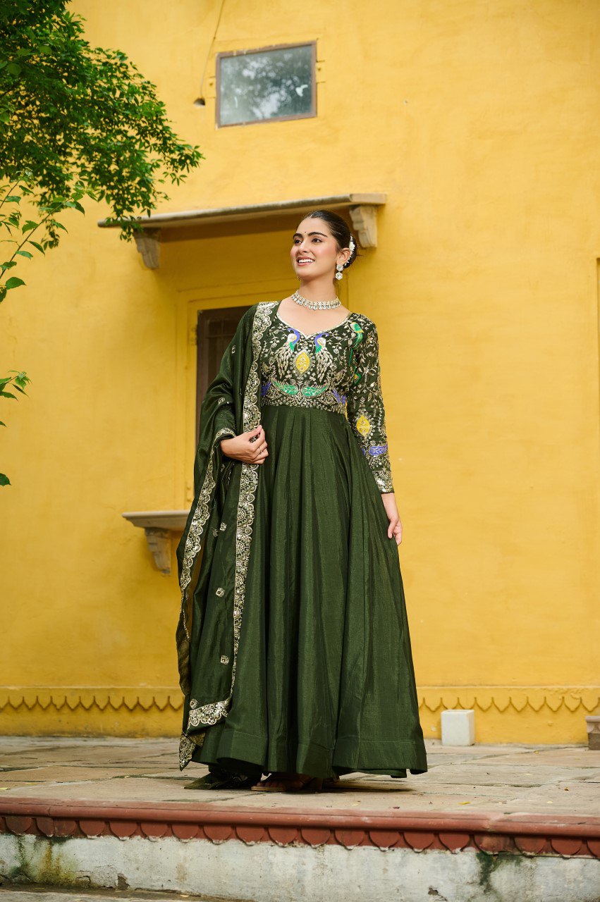 Vichitra Silk Embroidered Gown with Dupatta