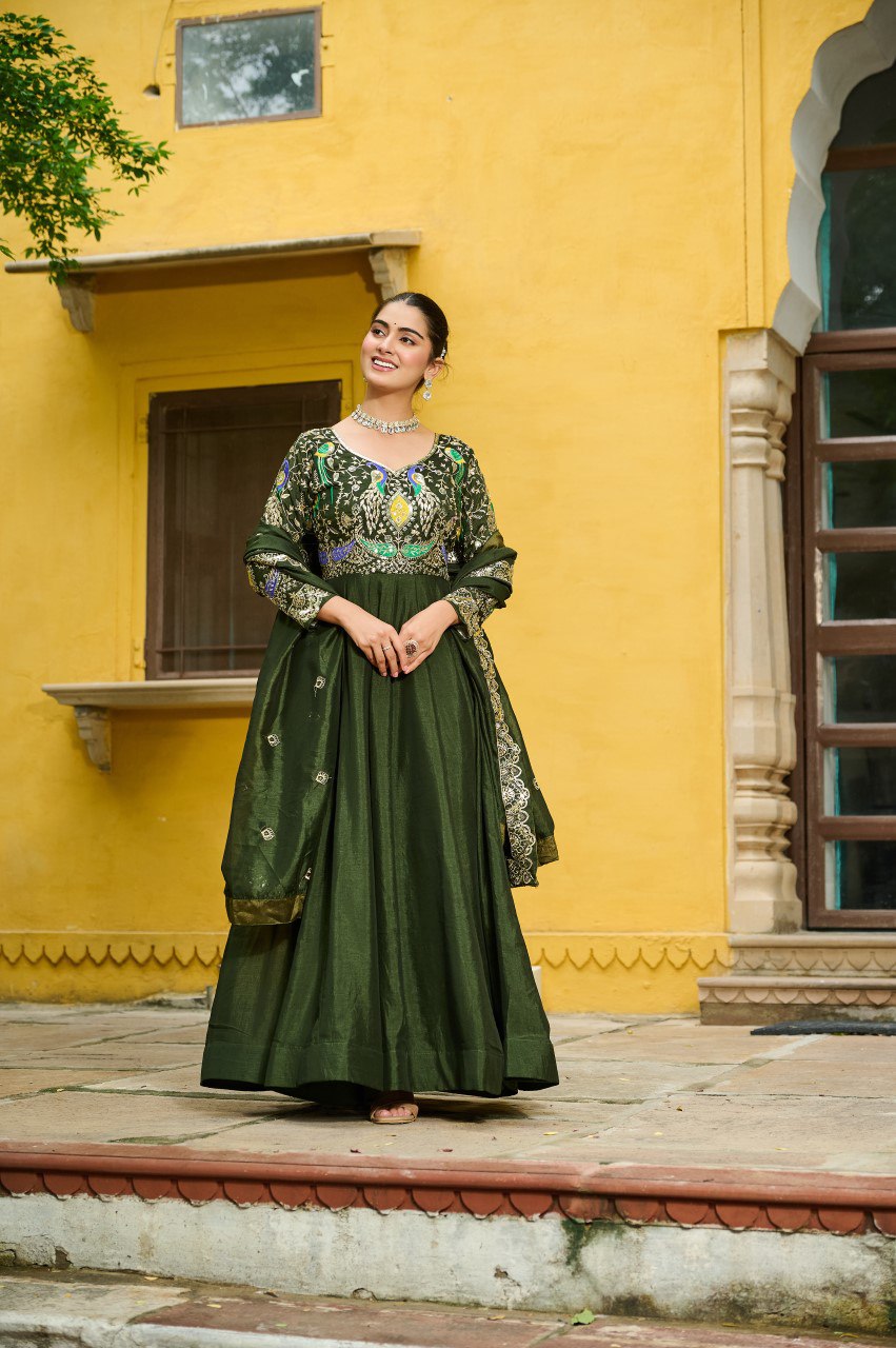 Vichitra Silk Embroidered Gown with Dupatta