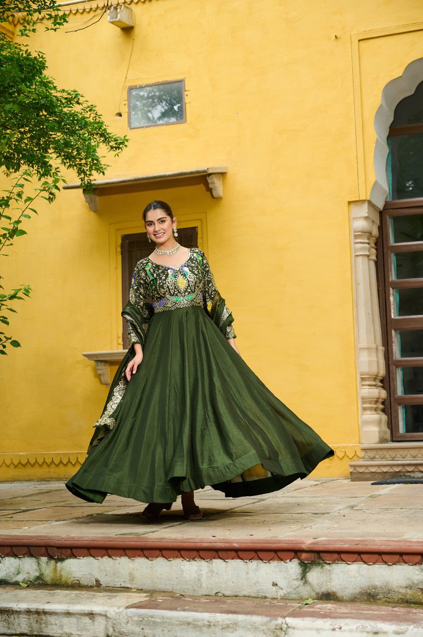 Vichitra Silk Embroidered Gown with Dupatta