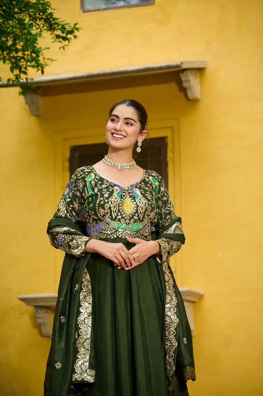 Vichitra Silk Embroidered Gown with Dupatta