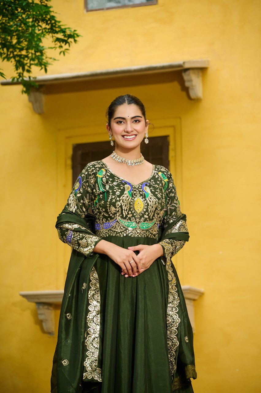 Vichitra Silk Embroidered Gown with Dupatta