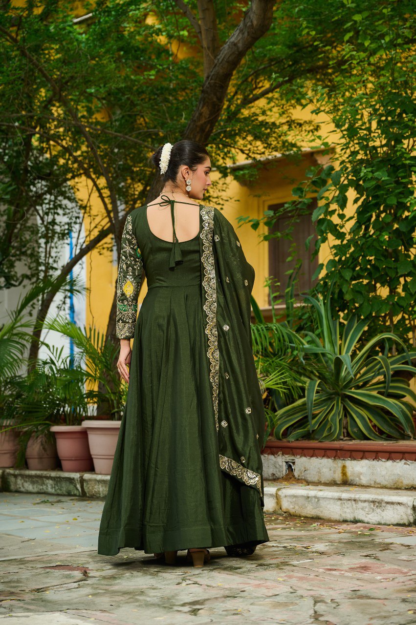Vichitra Silk Embroidered Gown with Dupatta