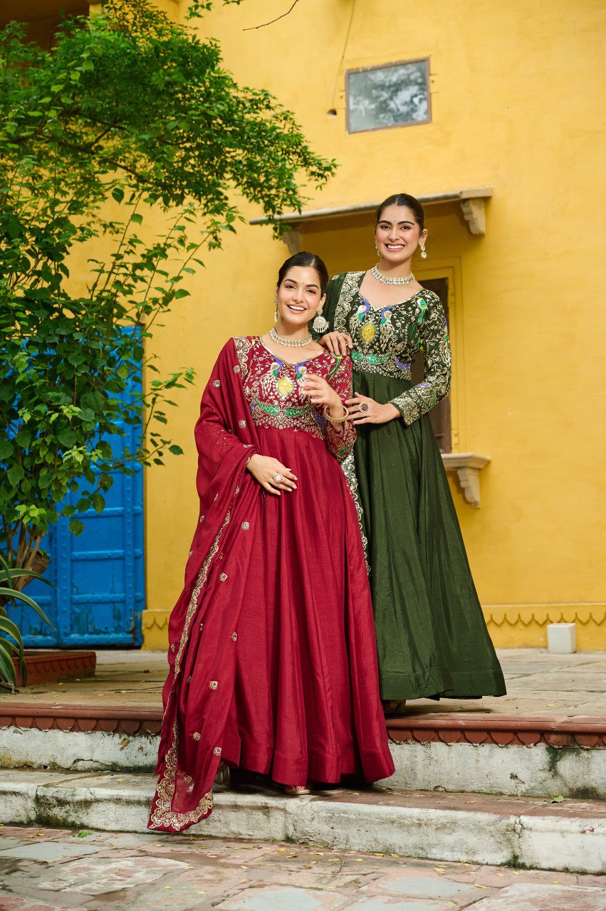 Vichitra Silk Embroidered Gown with Dupatta