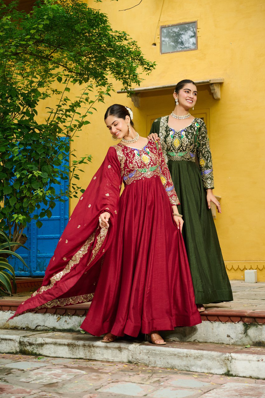 Vichitra Silk Embroidered Gown with Dupatta