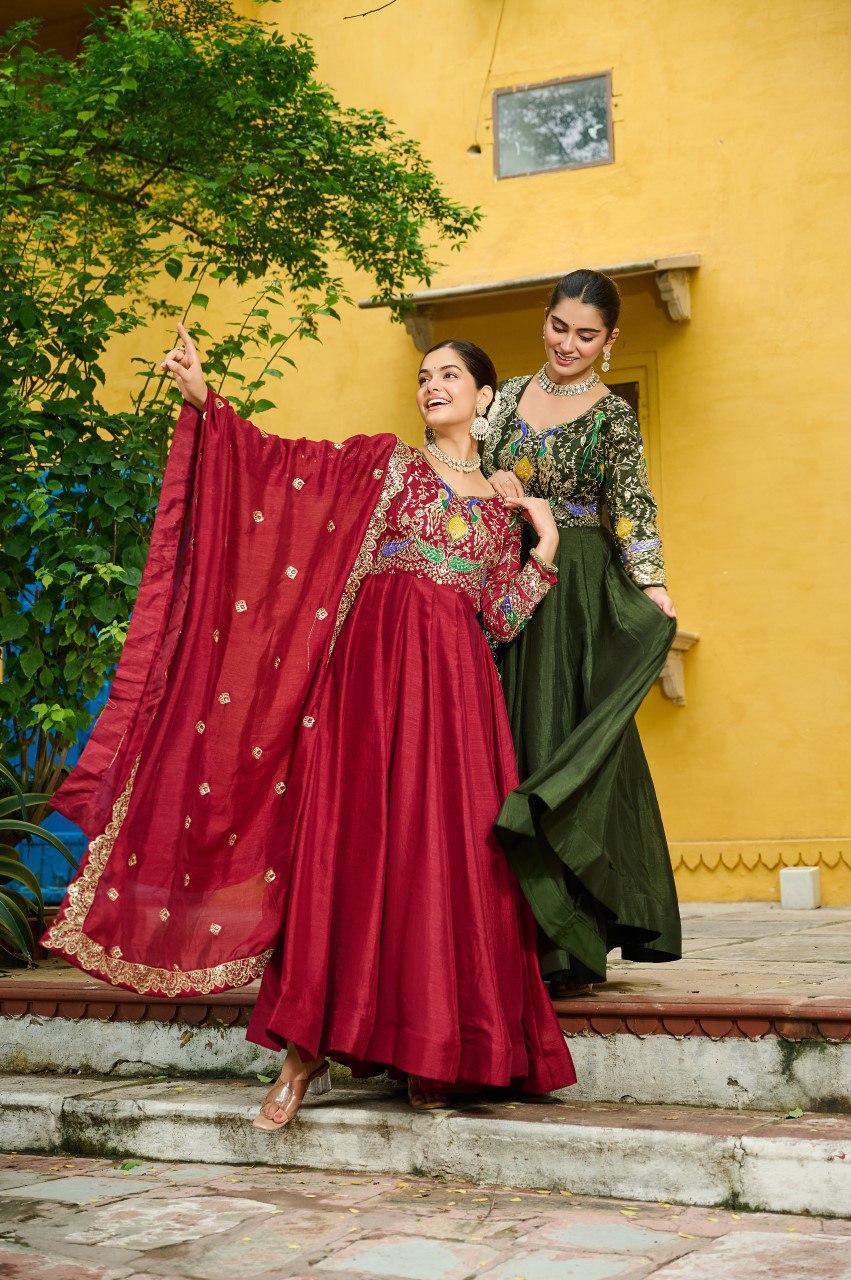 Vichitra Silk Embroidered Gown with Dupatta