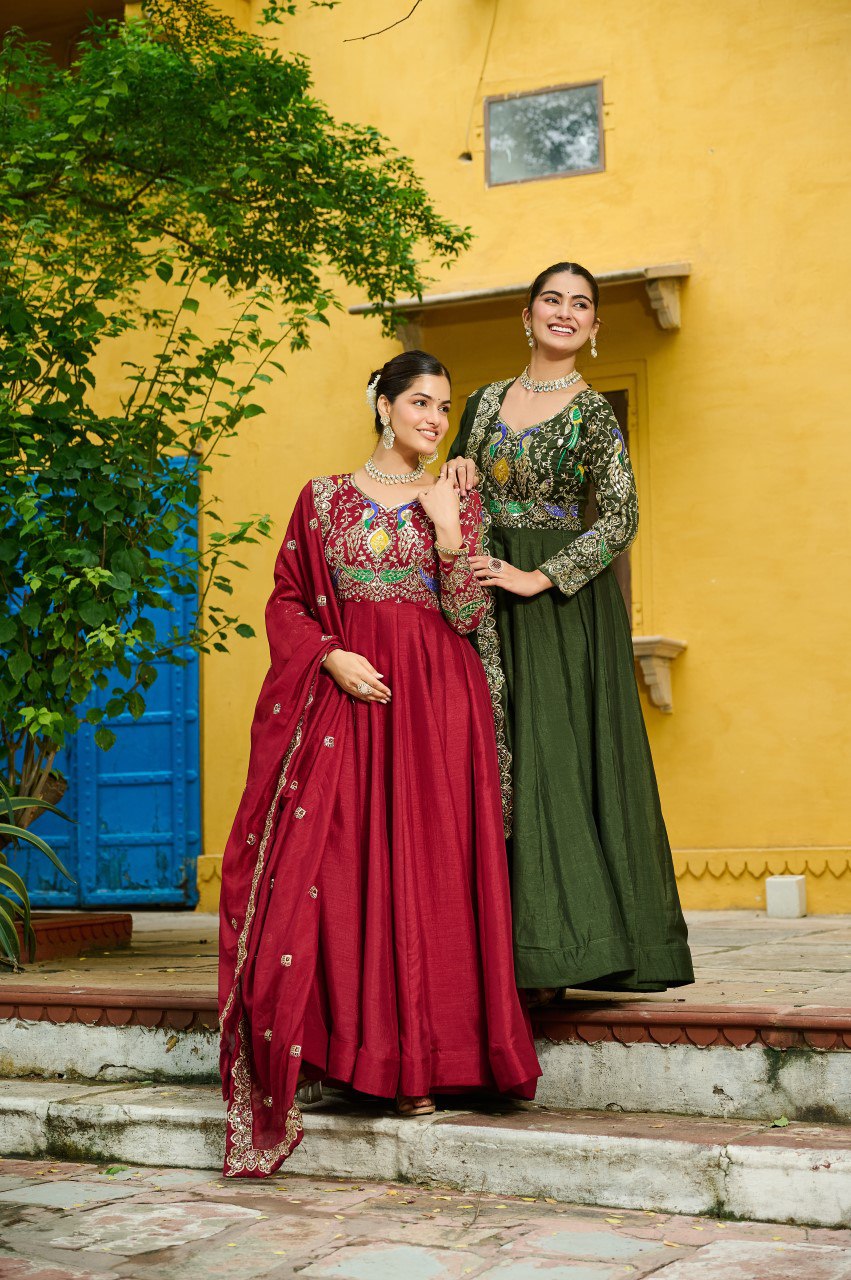 Vichitra Silk Embroidered Gown with Dupatta