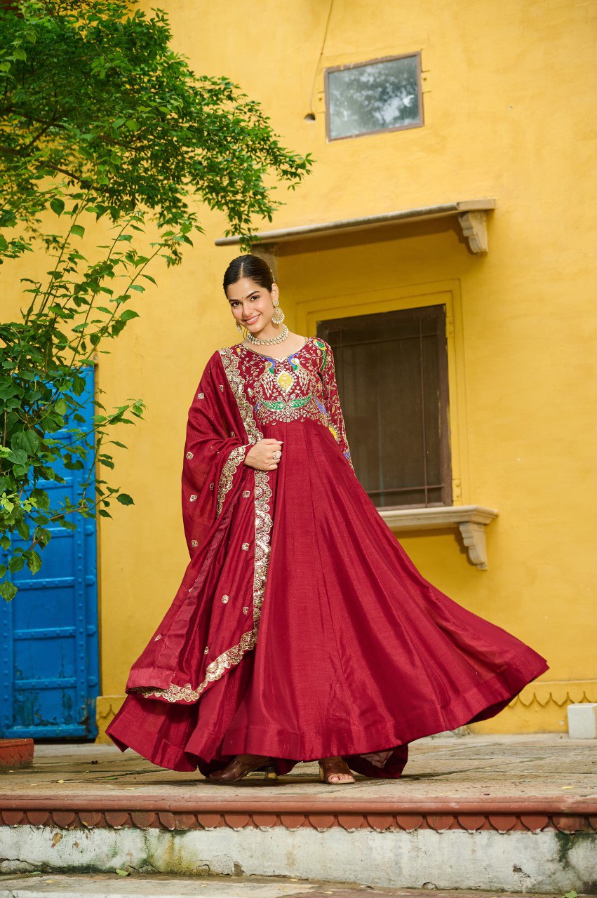 Vichitra Silk Embroidered Gown with Dupatta