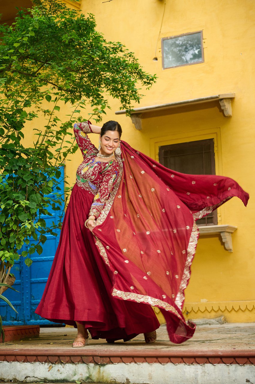 Vichitra Silk Embroidered Gown with Dupatta