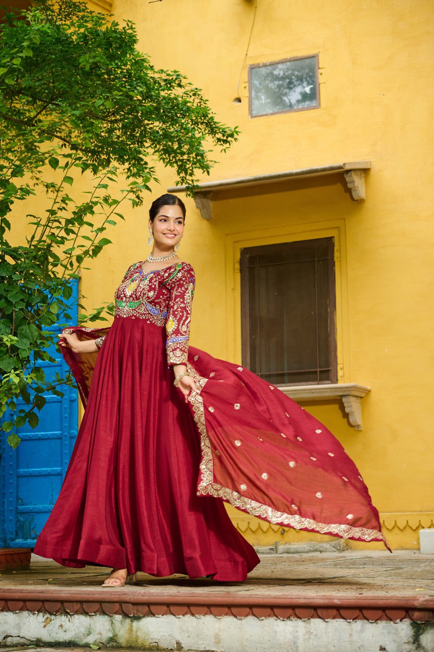 Vichitra Silk Embroidered Gown with Dupatta