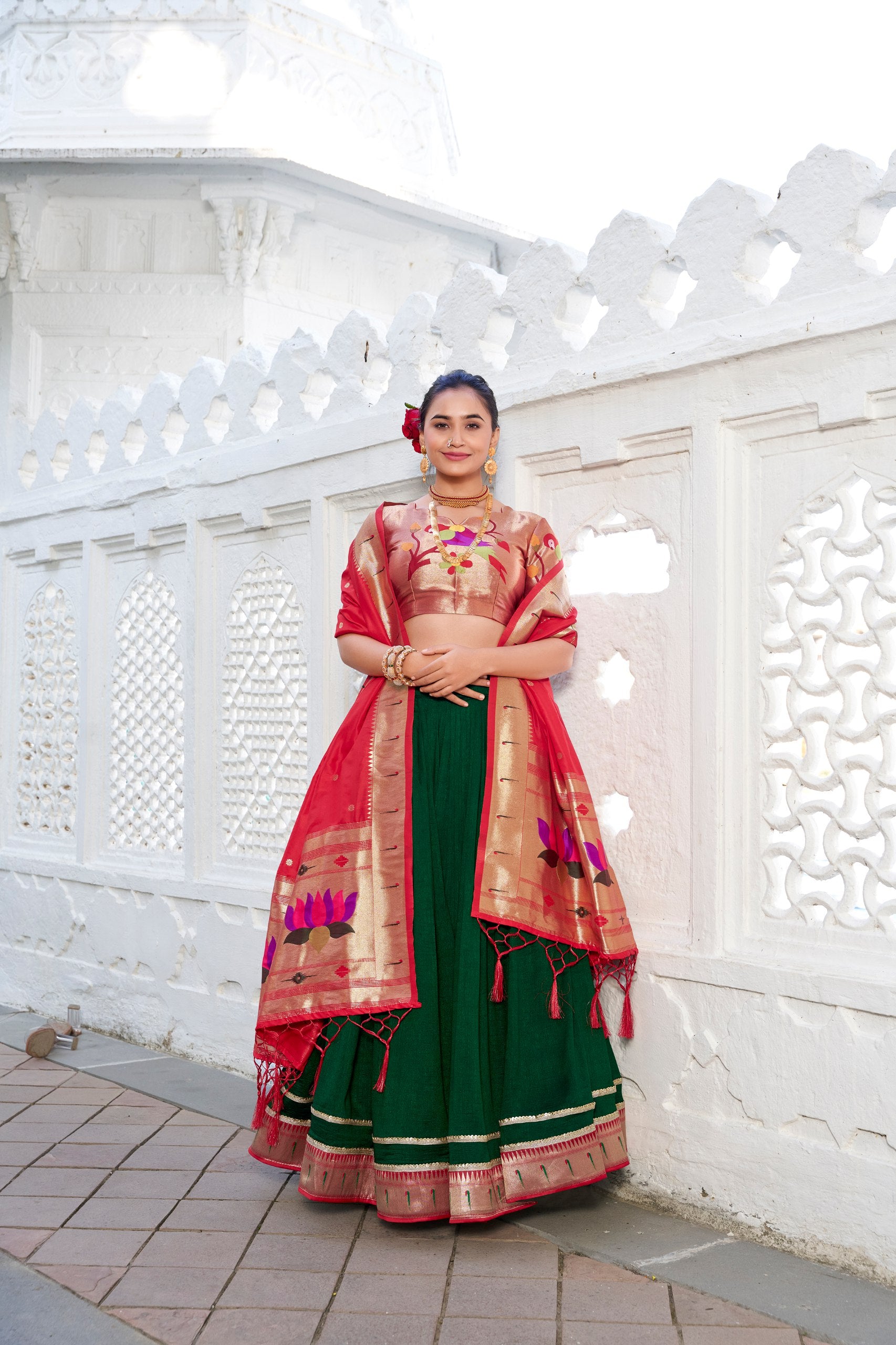 Vichitra Silk Paithani Lehenga Choli in Green
