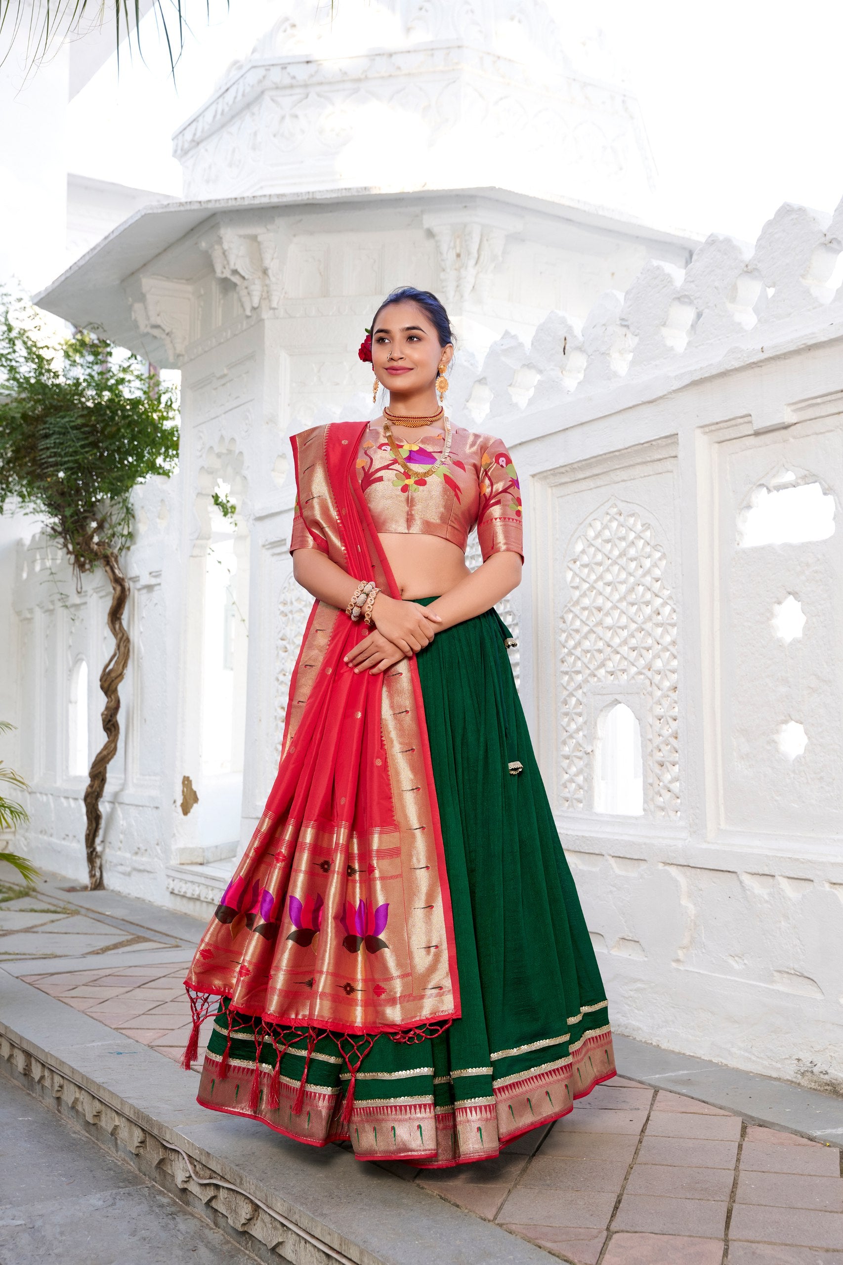 Vichitra Silk Paithani Lehenga Choli in Green