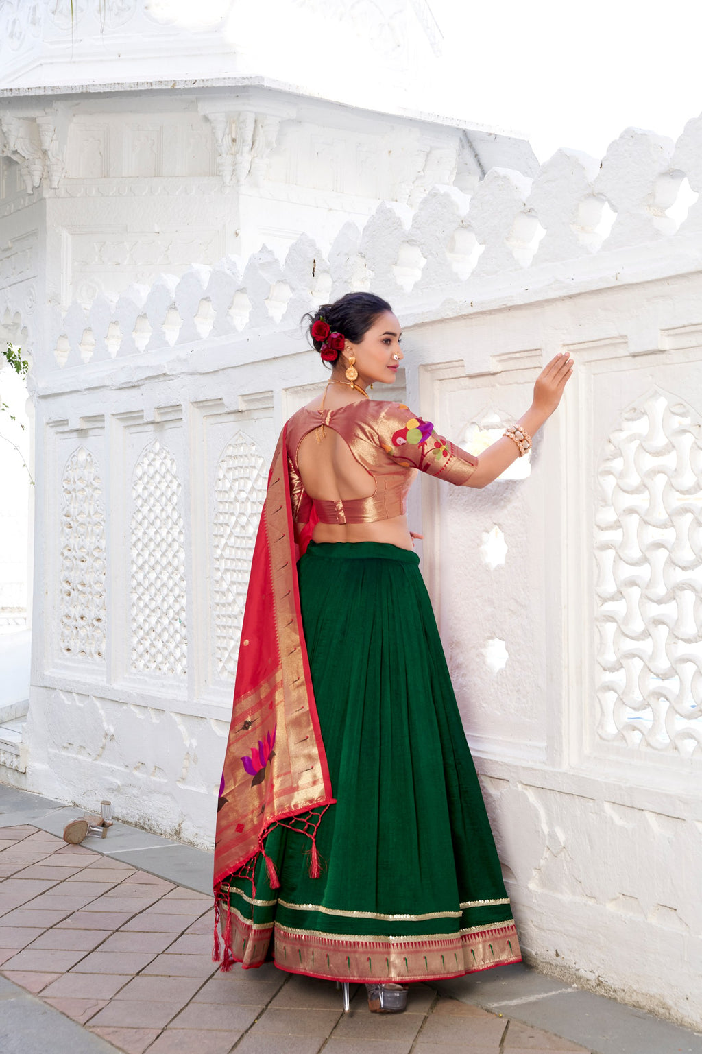 Vichitra Silk Paithani Lehenga Choli in Green