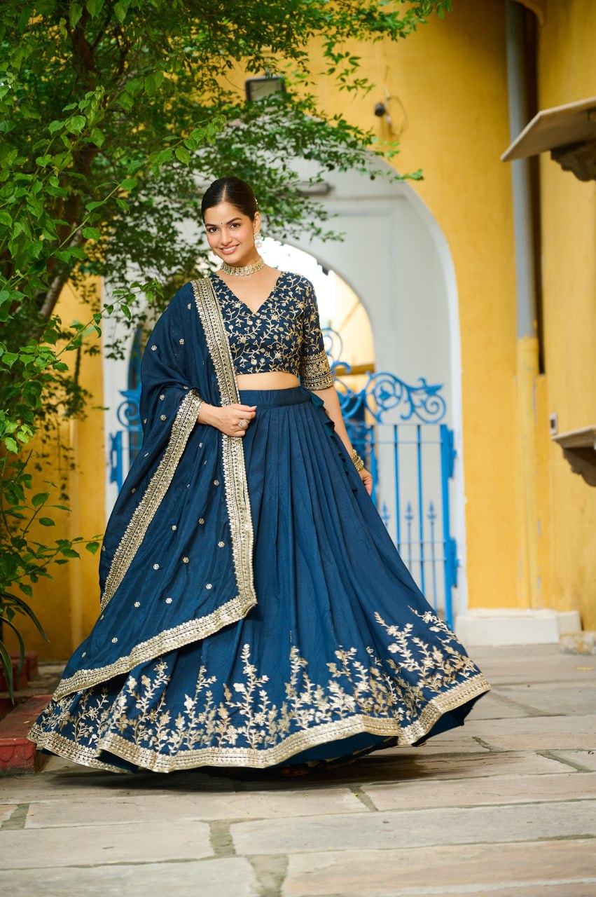 Vichitra Silk Sequins Embroidered Lehenga Choli in Teal Blue