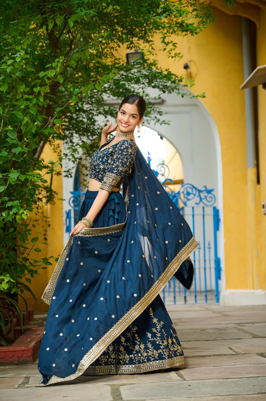Vichitra Silk Sequins Embroidered Lehenga Choli in Teal Blue