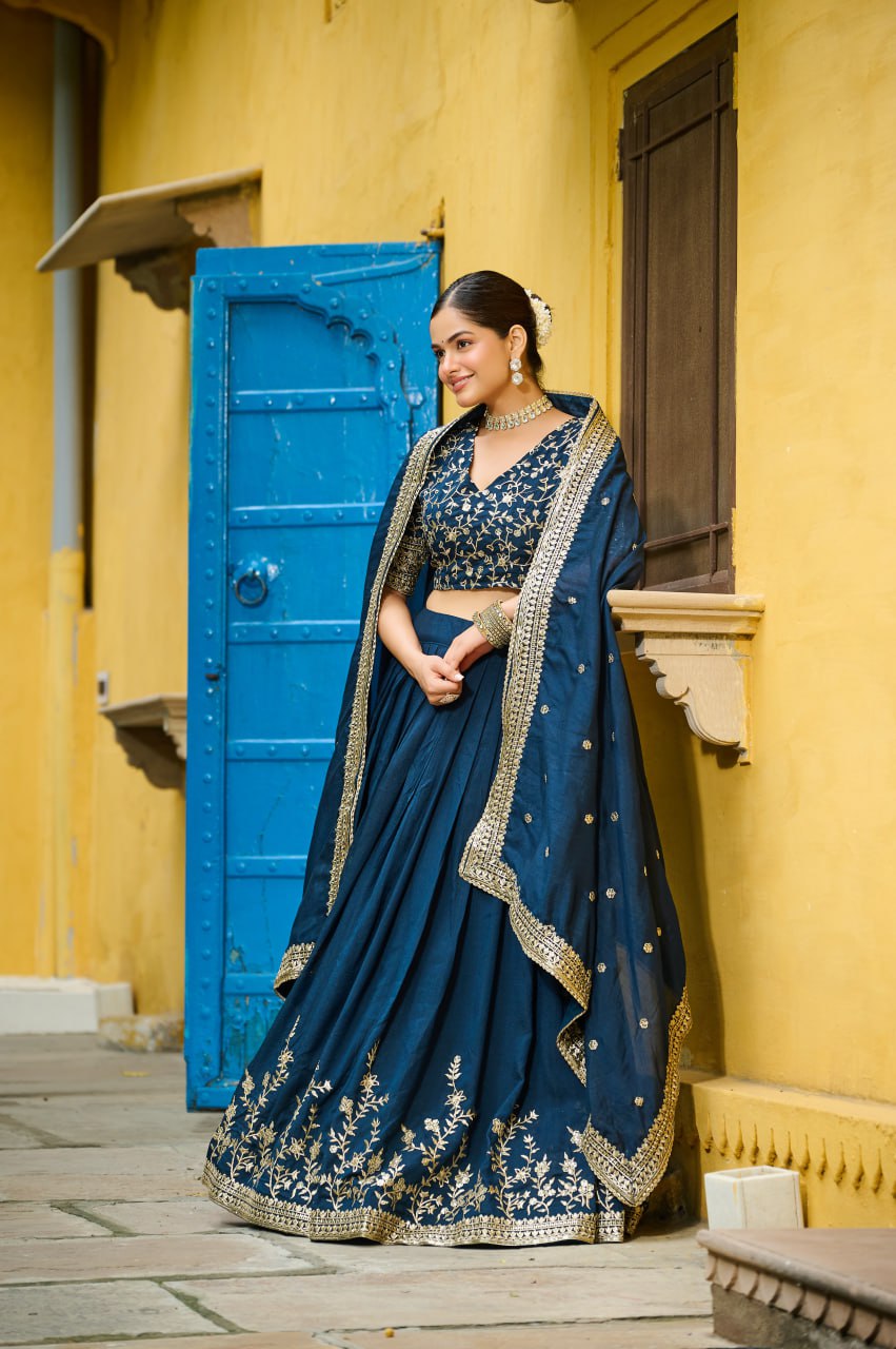 Vichitra Silk Sequins Embroidered Lehenga Choli in Teal Blue
