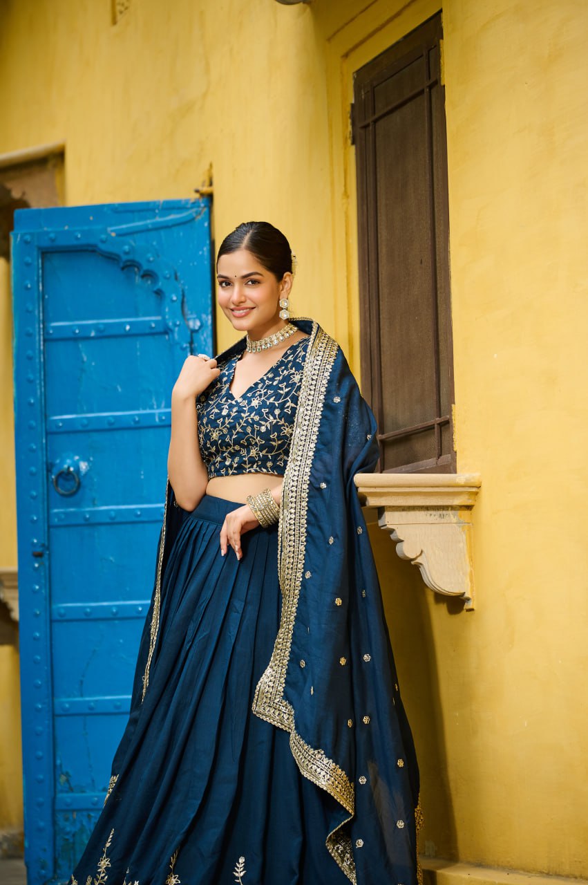 Vichitra Silk Sequins Embroidered Lehenga Choli in Teal Blue