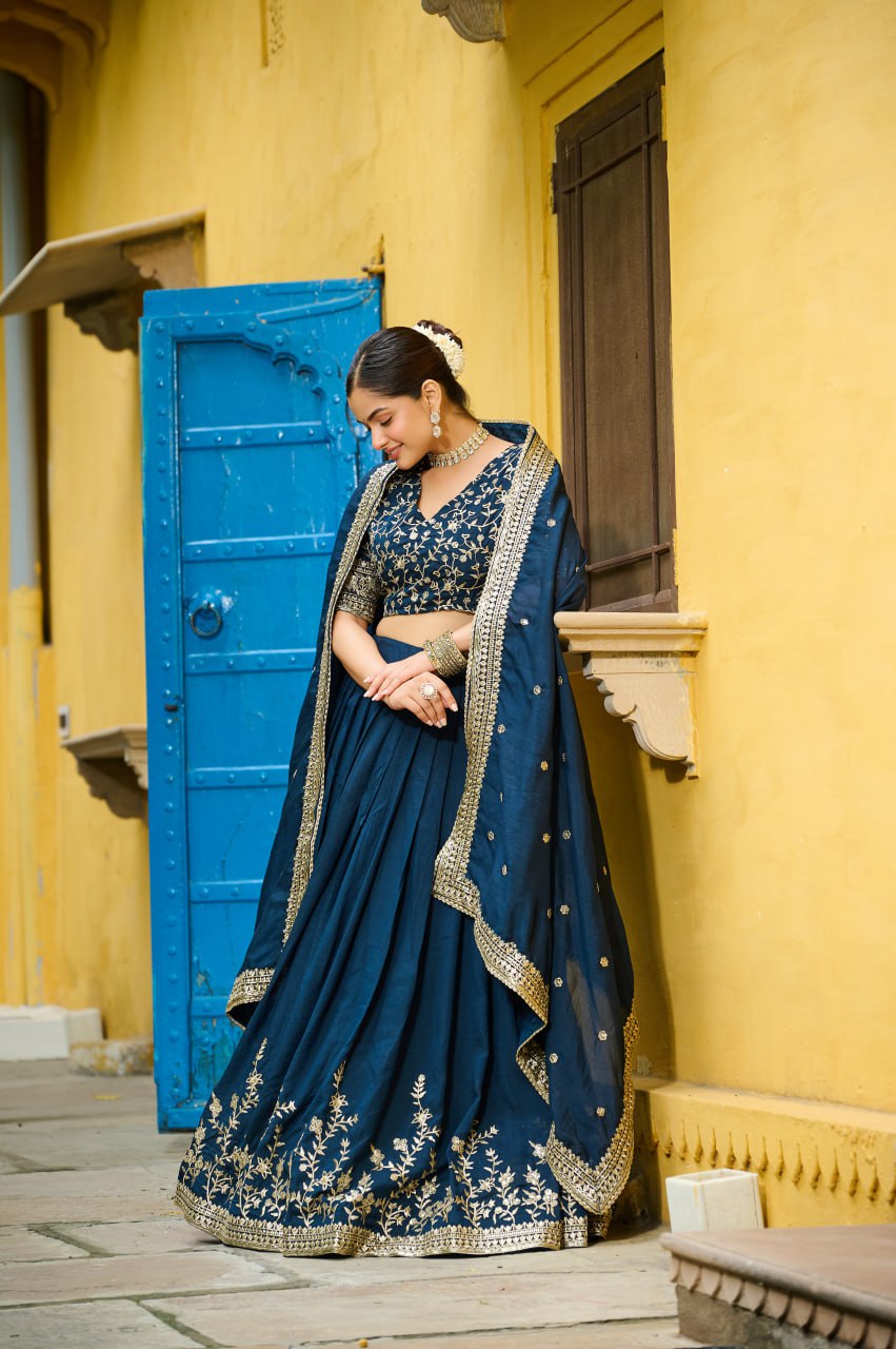 Vichitra Silk Sequins Embroidered Lehenga Choli in Teal Blue