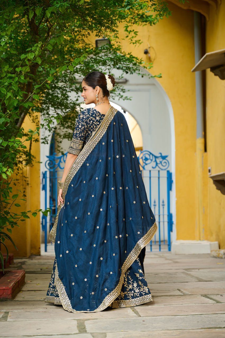 Vichitra Silk Sequins Embroidered Lehenga Choli in Teal Blue