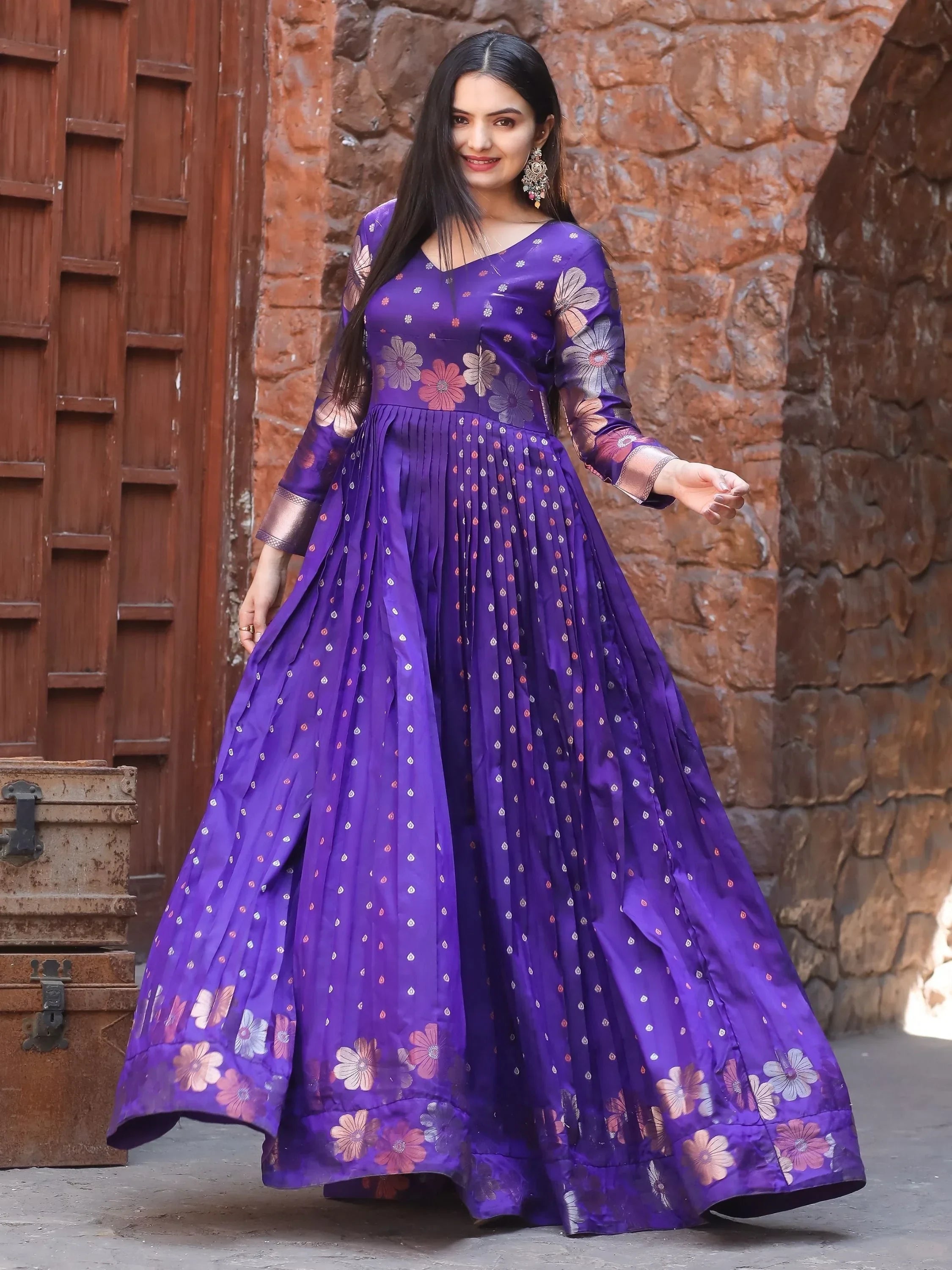 Wonderful Violet Zari Weaving Banarasi Silk Festival Wear Gown