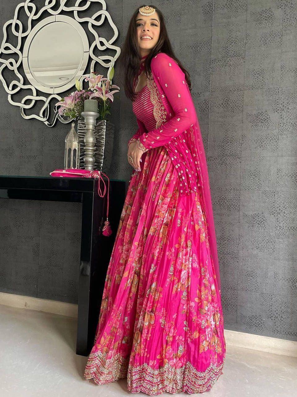 Pink Attractive Printed Georgette Silk Party Wear Lehenga Choli