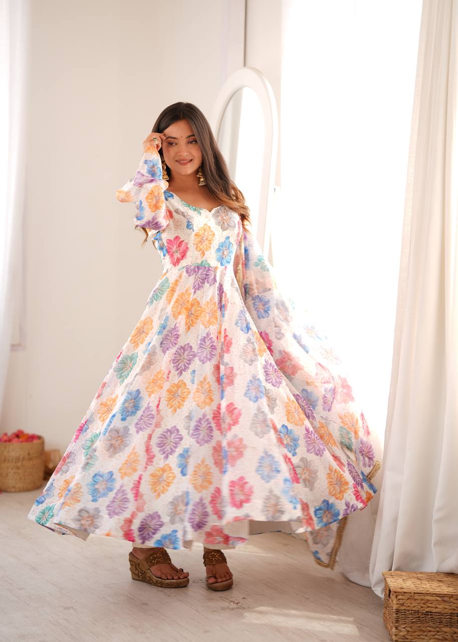White Floral Printed Organza Gown with Pant and Dupatta