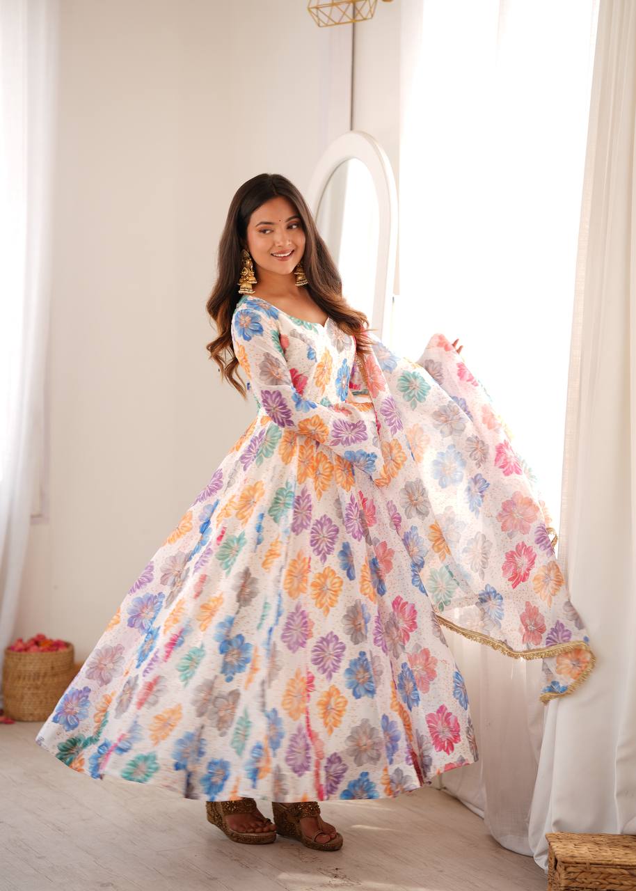 White Floral Printed Organza Gown with Pant and Dupatta
