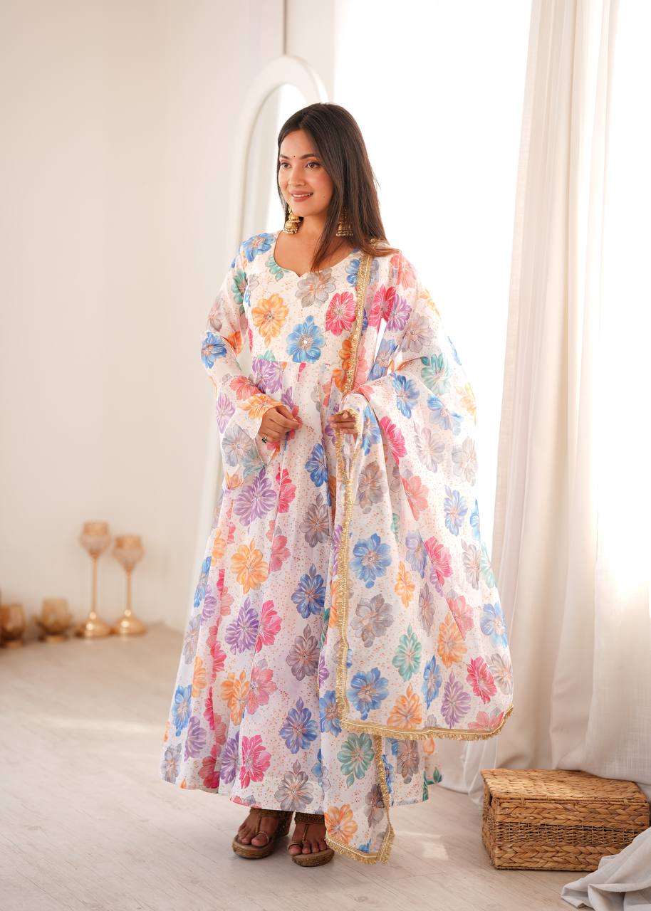White Floral Printed Organza Gown with Pant and Dupatta