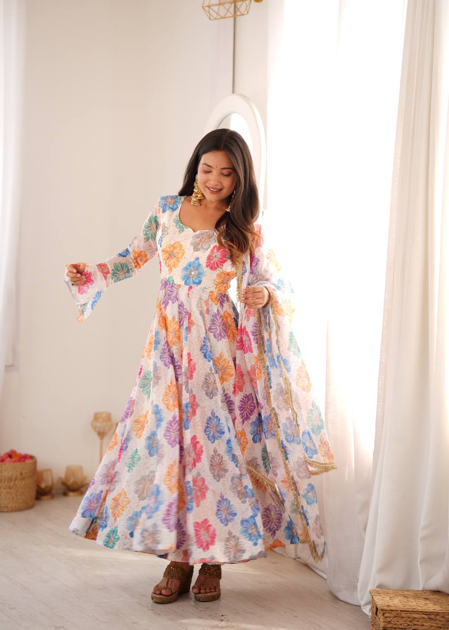 White Floral Printed Organza Gown with Pant and Dupatta